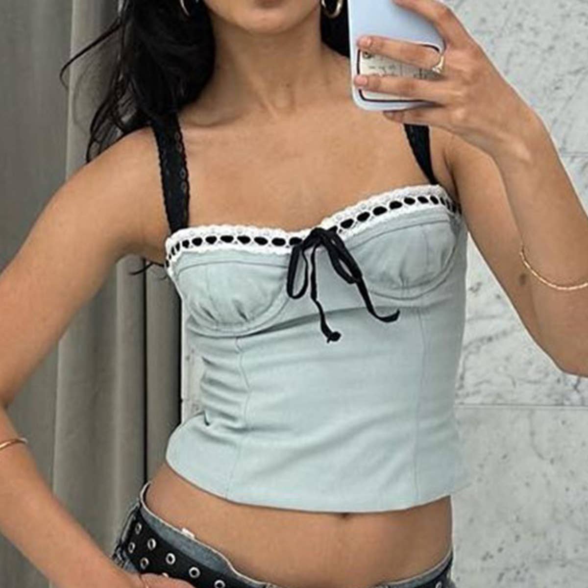 Lace square neck lace-up low-cut halter top