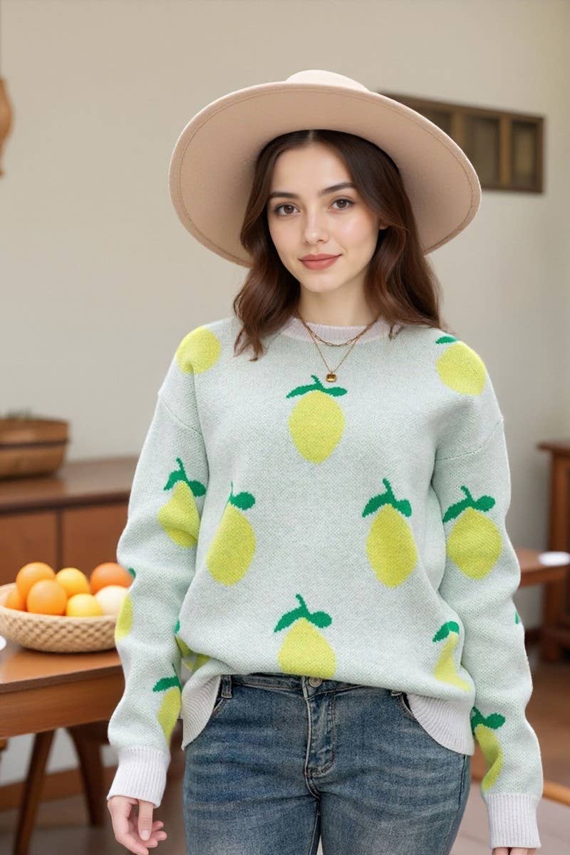 CWOSWL07604_LOOSE LEMON PRINT CREWNECK KNIT TOP