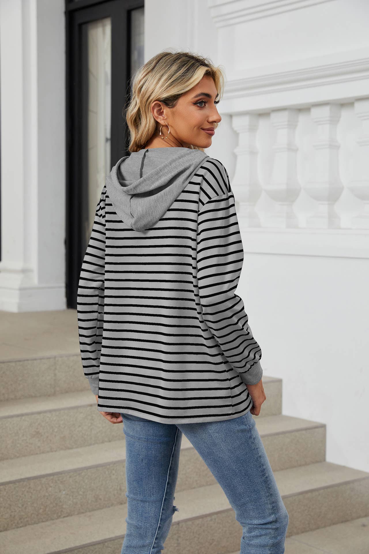Striped hooded long-sleeved loose sweatshirt