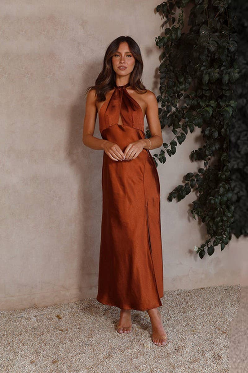 CWDHL0941_ELEGANT SATIN HALTER NECK SLIT MAXI DRESS