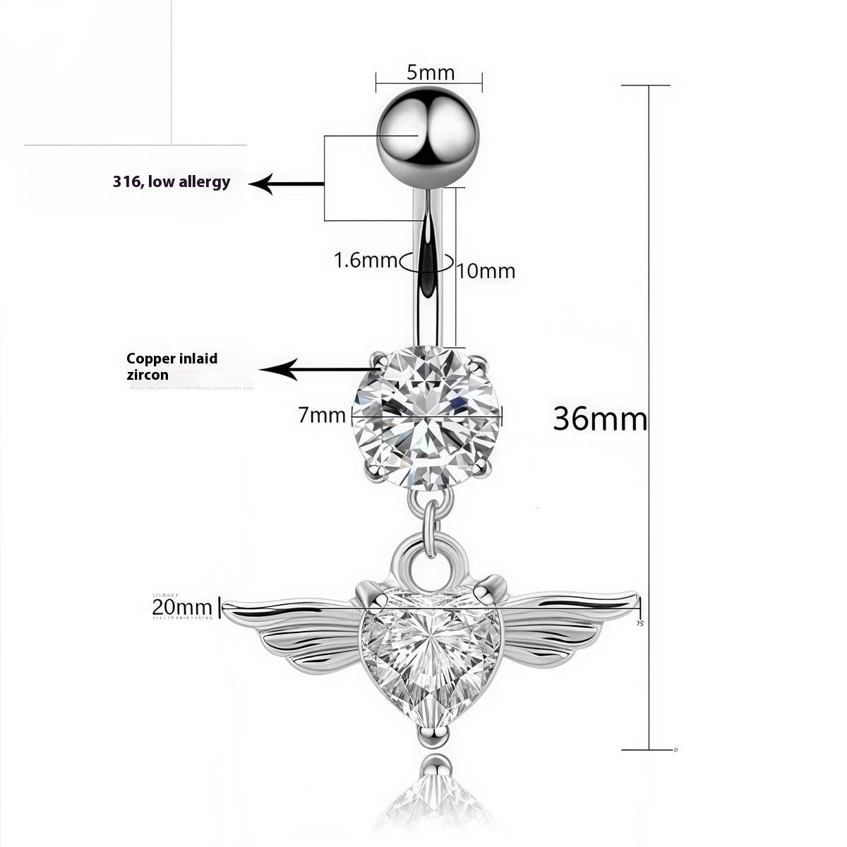 Angel Wings Heart CZ Navel Ring Piercing Jewelry_CWMM9386