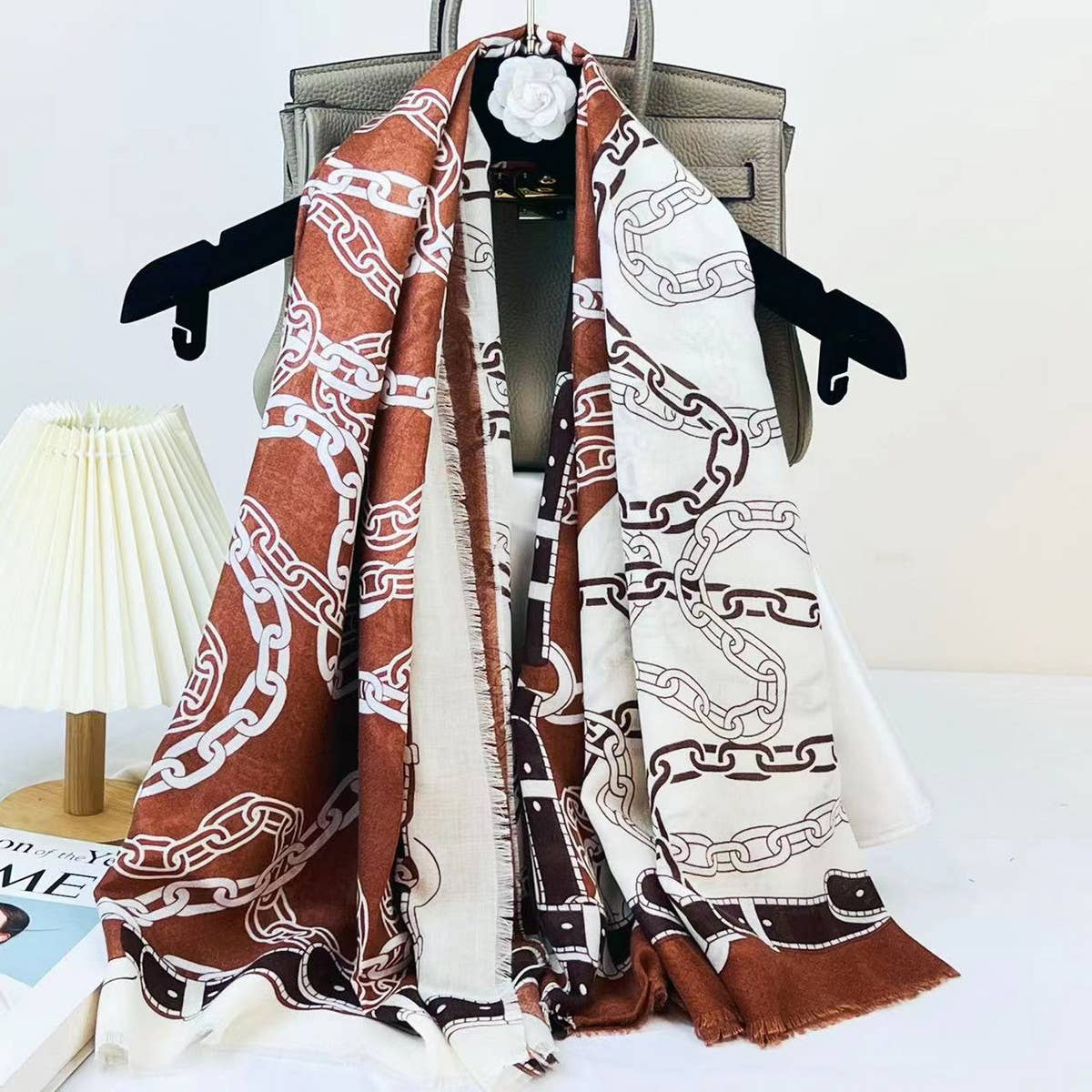 Chain Print Silk Wool Scarf ??Luxury Travel Shawl_CWASC0895