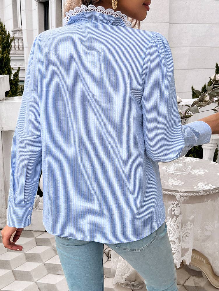 TEMPERAMENT LOOSE STRIPED LACE LONG-SLEEVED SHIRT