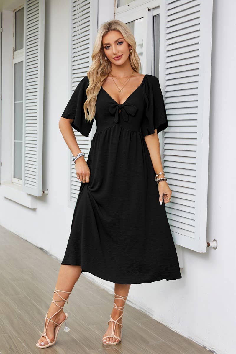 V-neck bow pleated mid-length short-sleeved dress