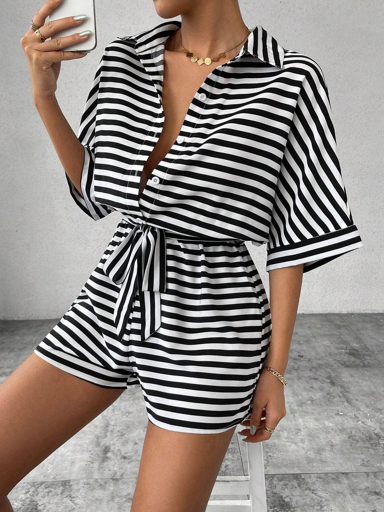 Women¡¯s striped buttoned cardigan romper