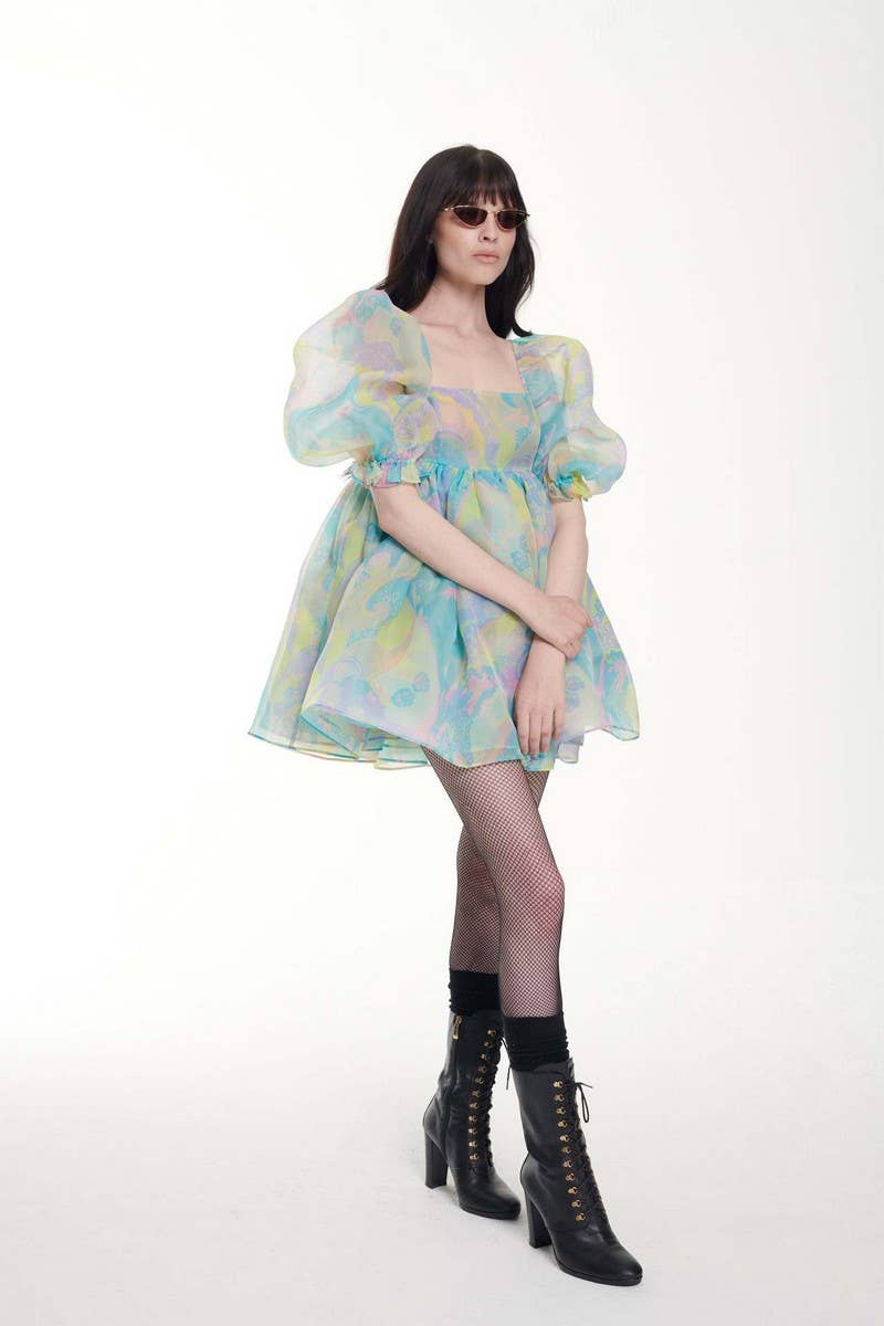 CWDSD8135_SWEET FLORAL TIERED MESH PUFF DRESS