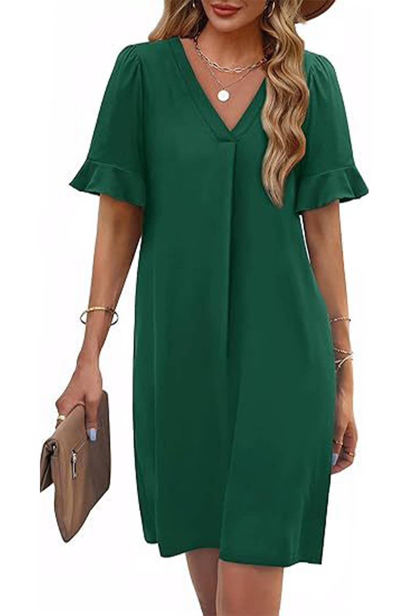 CWDSD8811_V-NECK TRUMPET SLEEVES POCKET SHORT SLEEVE DRESS