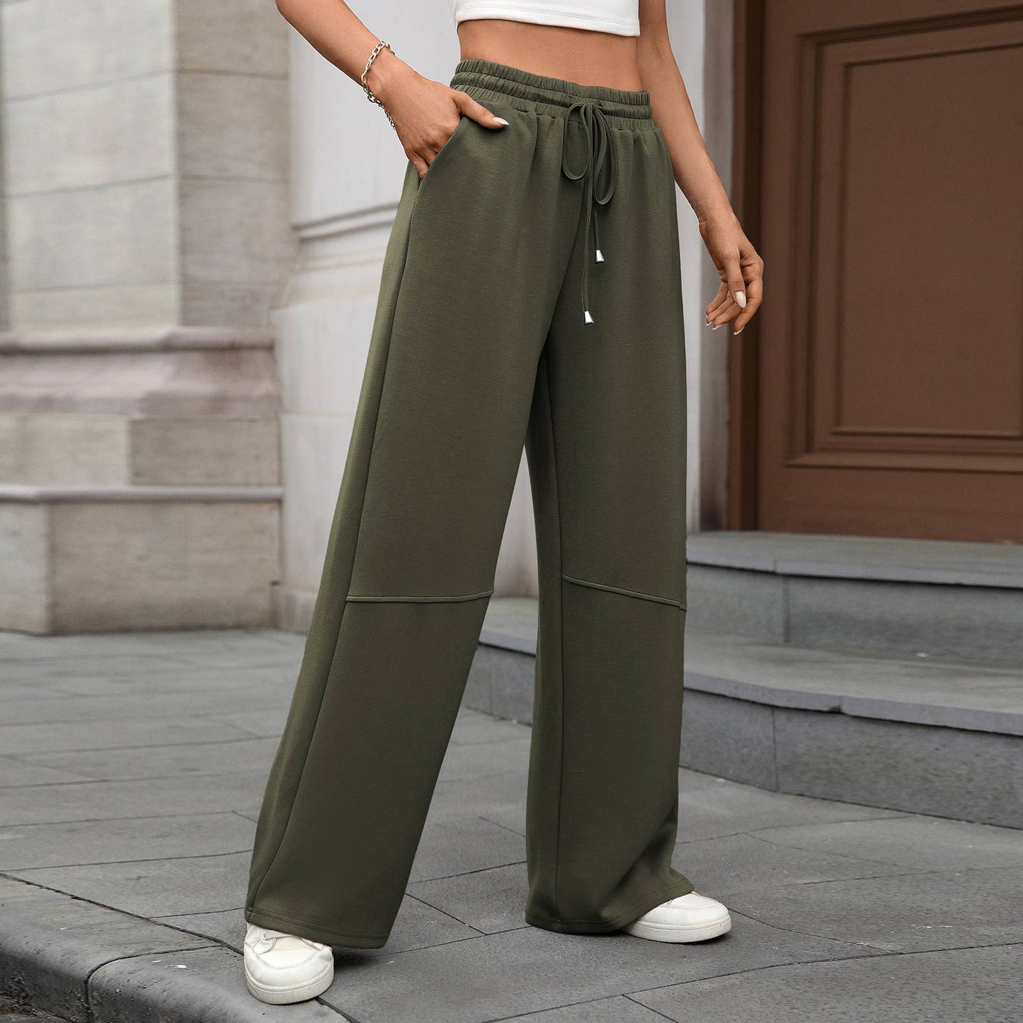 Stretch waist drawstring pocket wide leg pants