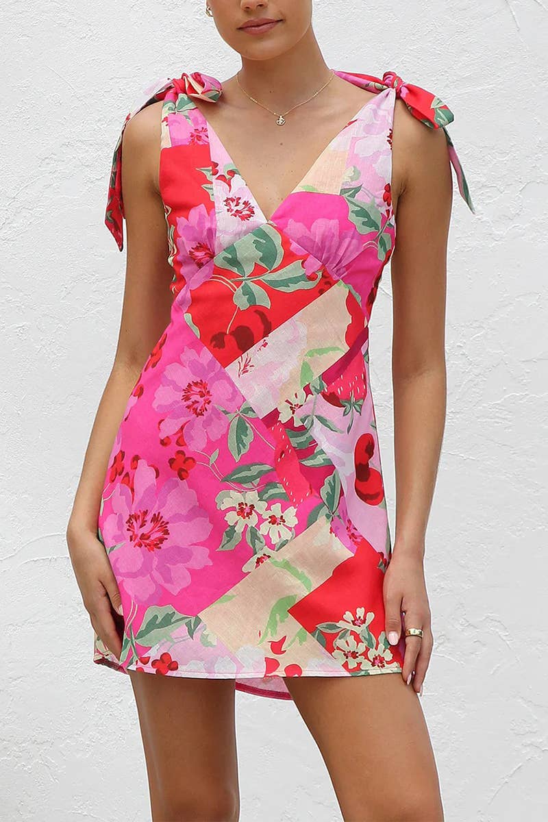 CWDSD8418_SUMMER NEW V-NECK LACE-UP MINI SUSPENDER DRESS