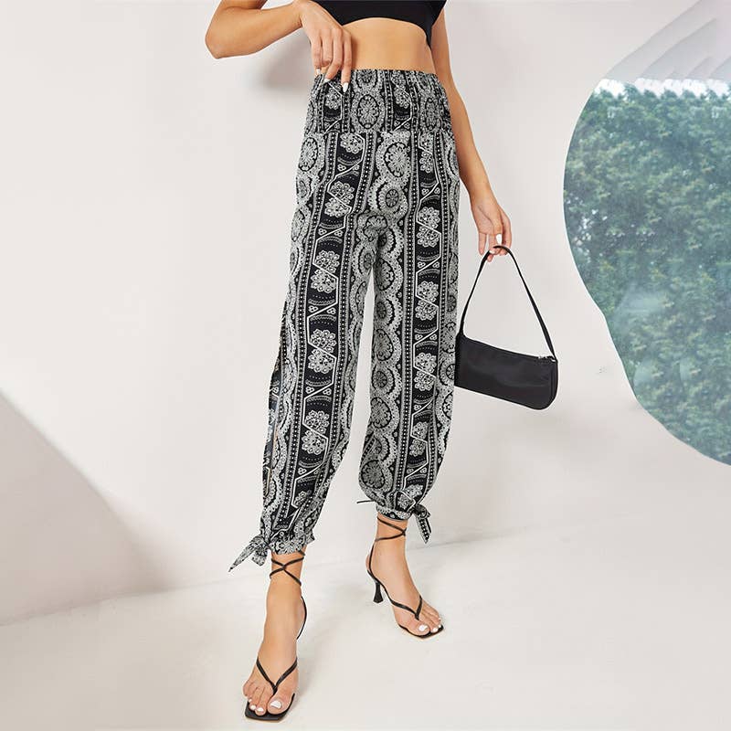 Elegant print thigh-slit wide-leg corset trousers