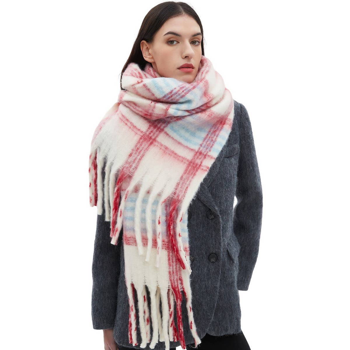 Round yarn tassel plaid scarf shawl fall & winter