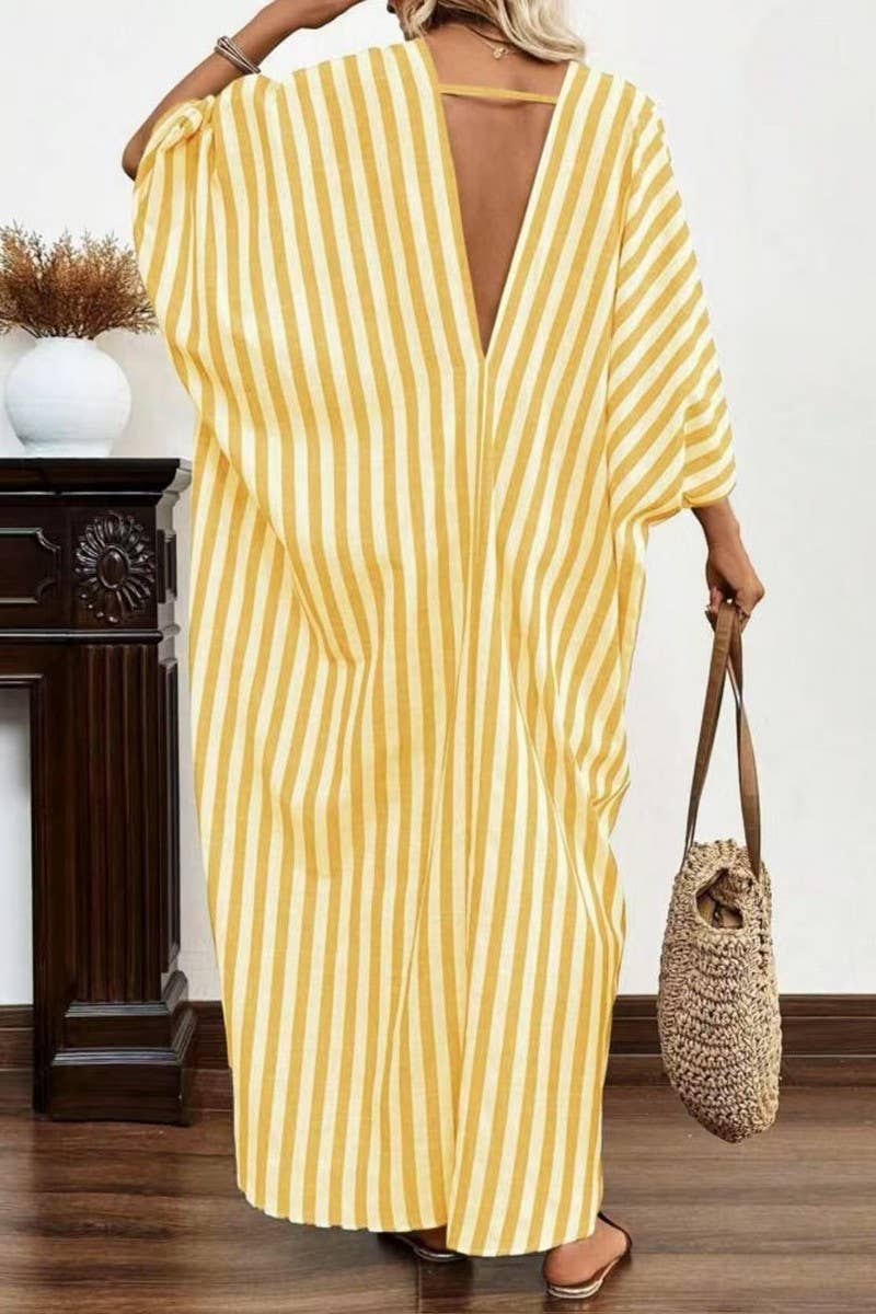 CWDMD5853_CASUAL LOOSE V-NECK STRIPED MAXI DRESS