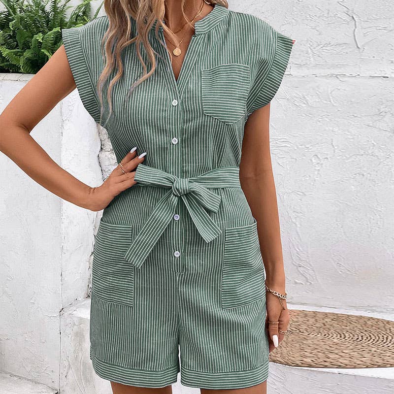 PINSTRIPE LACE-UP SHORT-SLEEVED JUMPSUIT