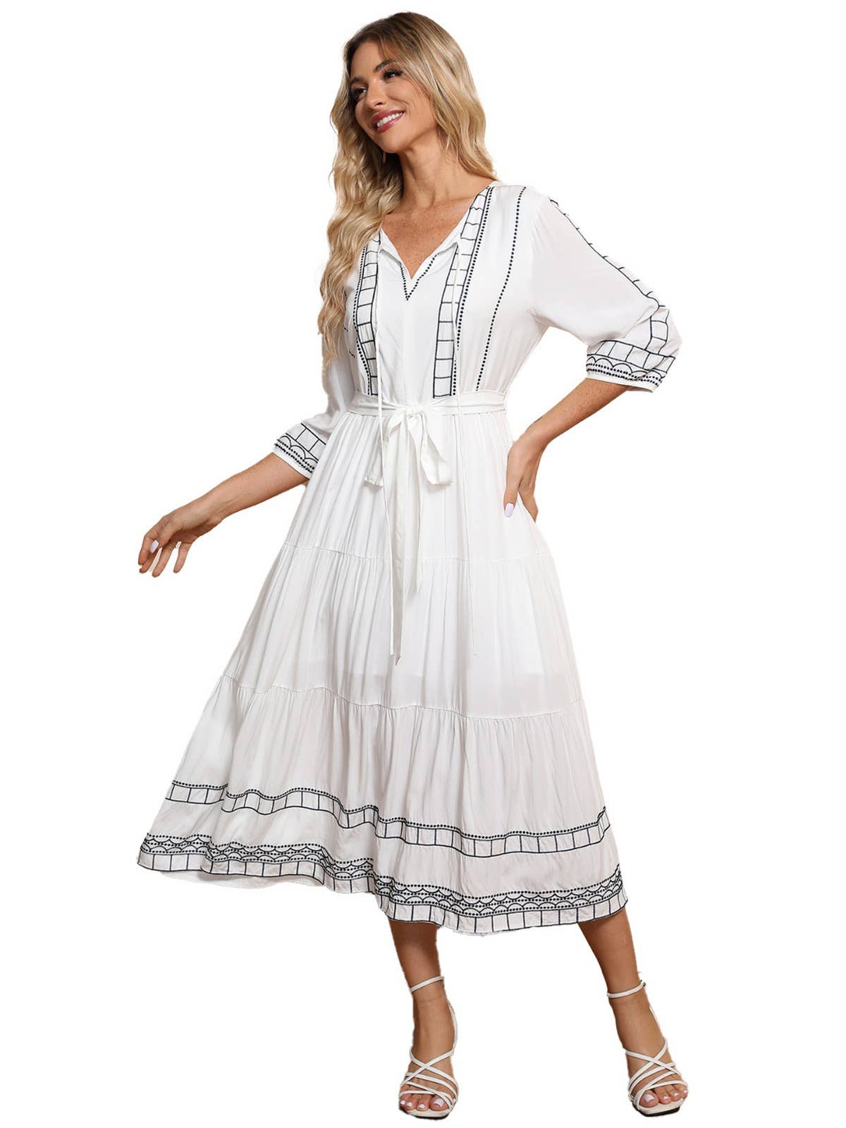 V-neck boho dress with belted waist