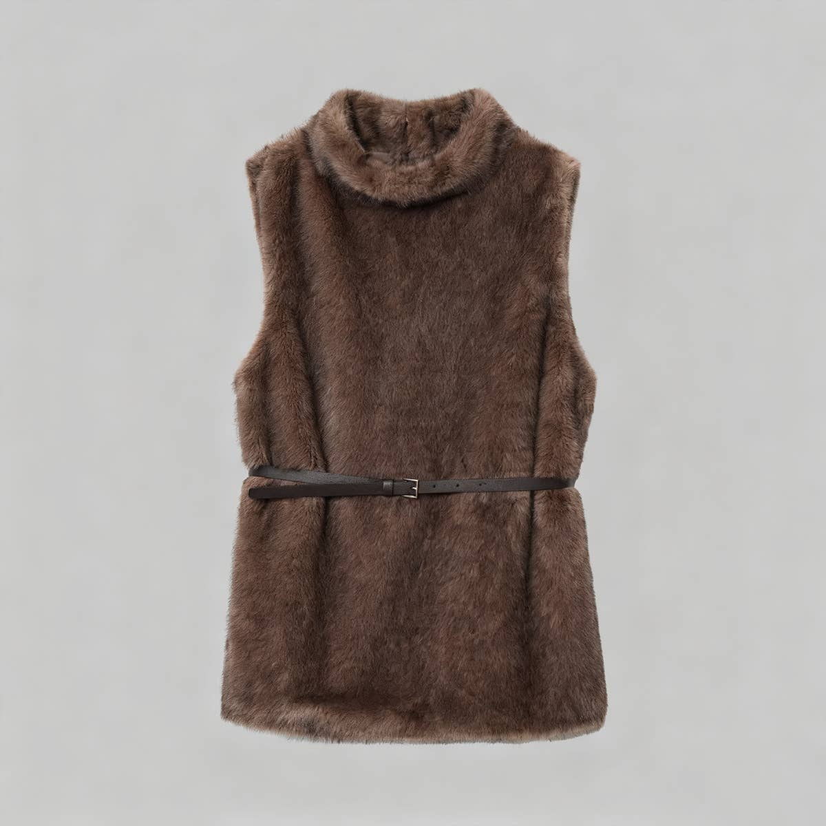 Sleeveless,belted,high-necked fashion furry vest