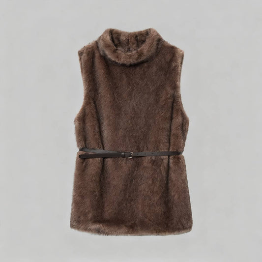 Sleeveless,belted,high-necked fashion furry vest