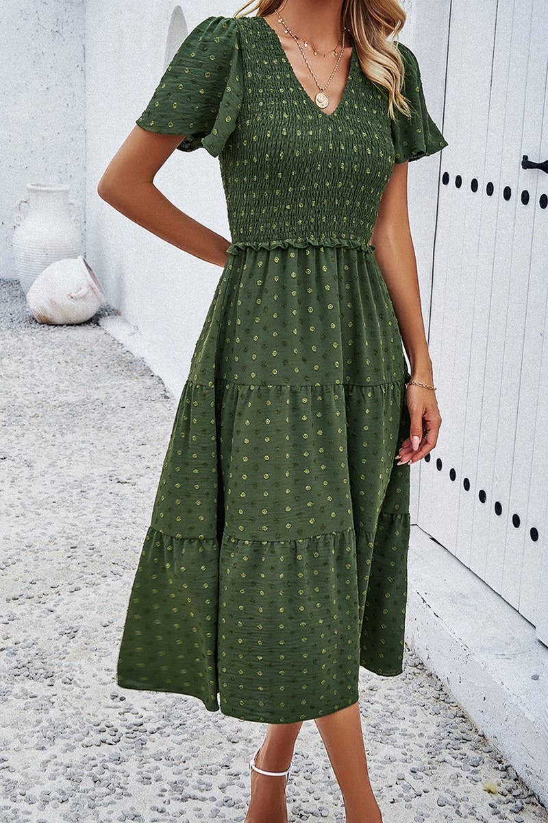 CWDMD00962_CASUAL V-NECK SHORT-SLEEVED DRESS