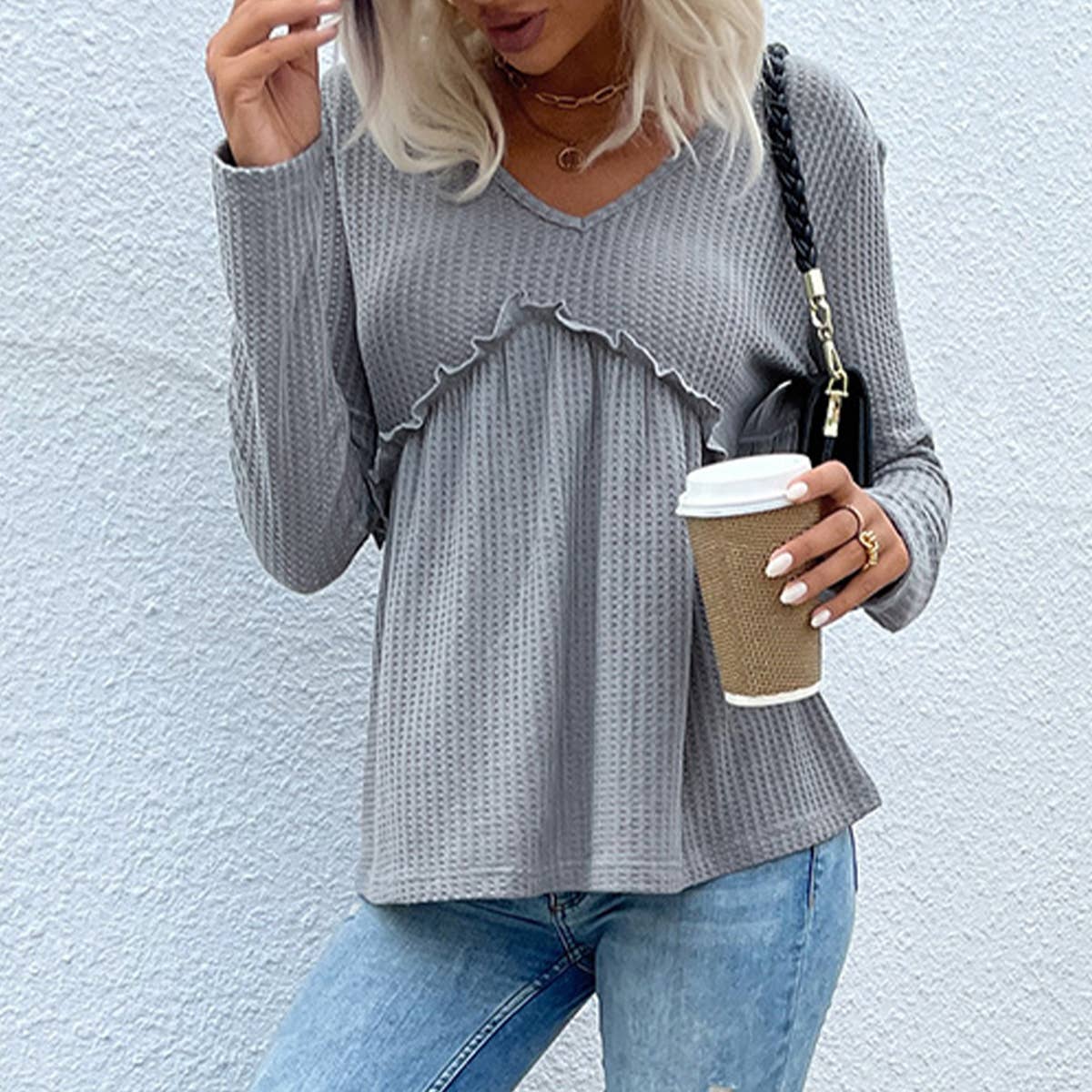 V-NECK RUFFLED SOLID COLOR WAFFLE KNIT SWEATER