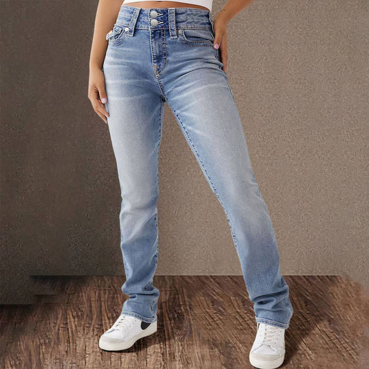 DOUBLE BUTTON MID-WAIST STRAIGHT LEG JEANS
