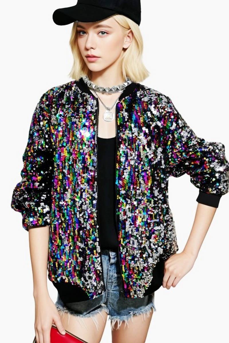 CWOCO1132_COLORFUL SEQUIN ZIPPER BASEBALL JACKET