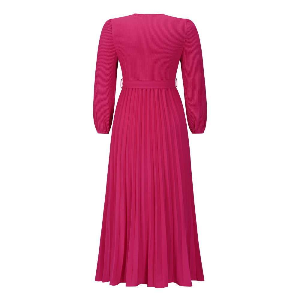 V-neck,long-sleeved,waist-cinching long dress