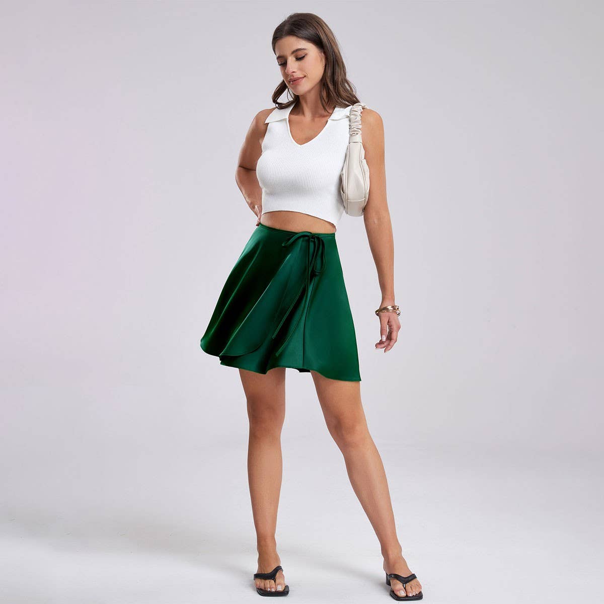 SATIN SKIRT HIGH WAIST TIE ONE PIECE A-LINE SKIRT
