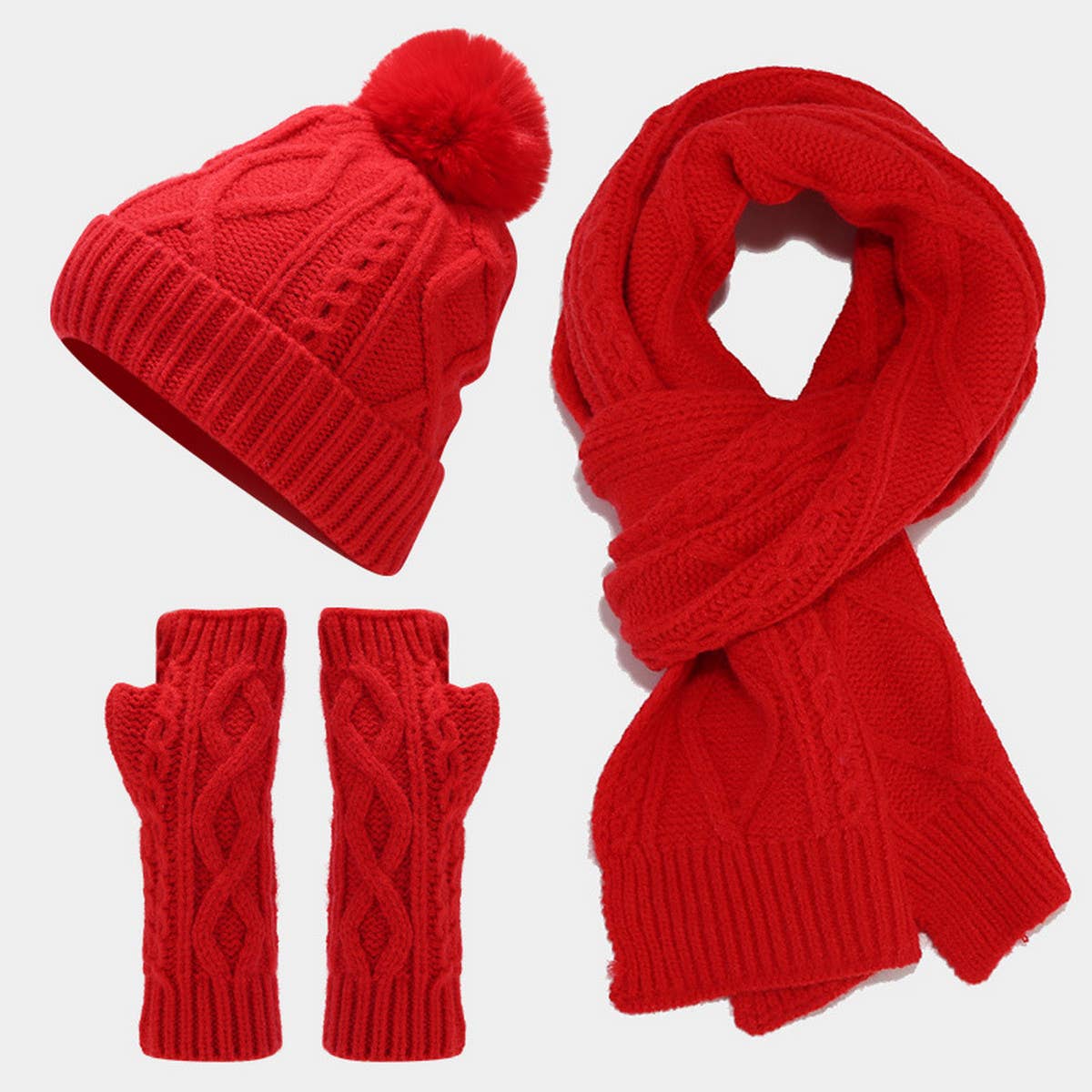 CABLE KNIT HAT, SCARF AND GLOVES THREE-PIECE SET_CWAH1580
