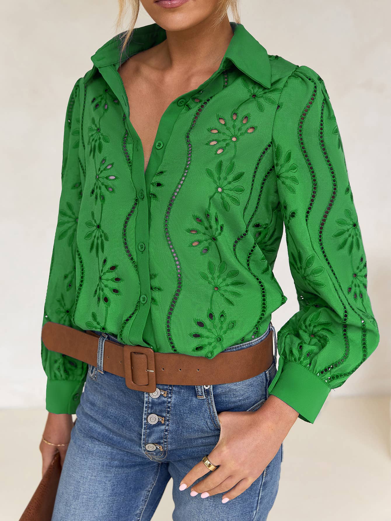 EMBROIDERED LOOPED LONG-SLEEVED LAPEL SHIRT