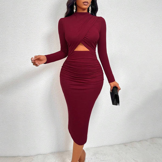 SLIM-FIT AND HIP HOLLOW-OUT LONG-SLEEVED DRESS
