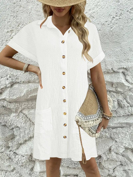 Simple solid-color casual lapel shirt dress