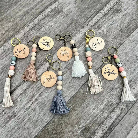 ROUND WOODEN BEADED TASSEL KEYCHAIN