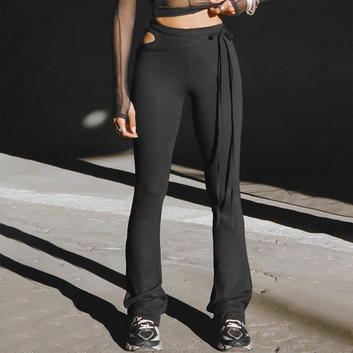 HIGH-WAISTED HOLLOW-CUT CORD MICRO-TRUMPET PANTS