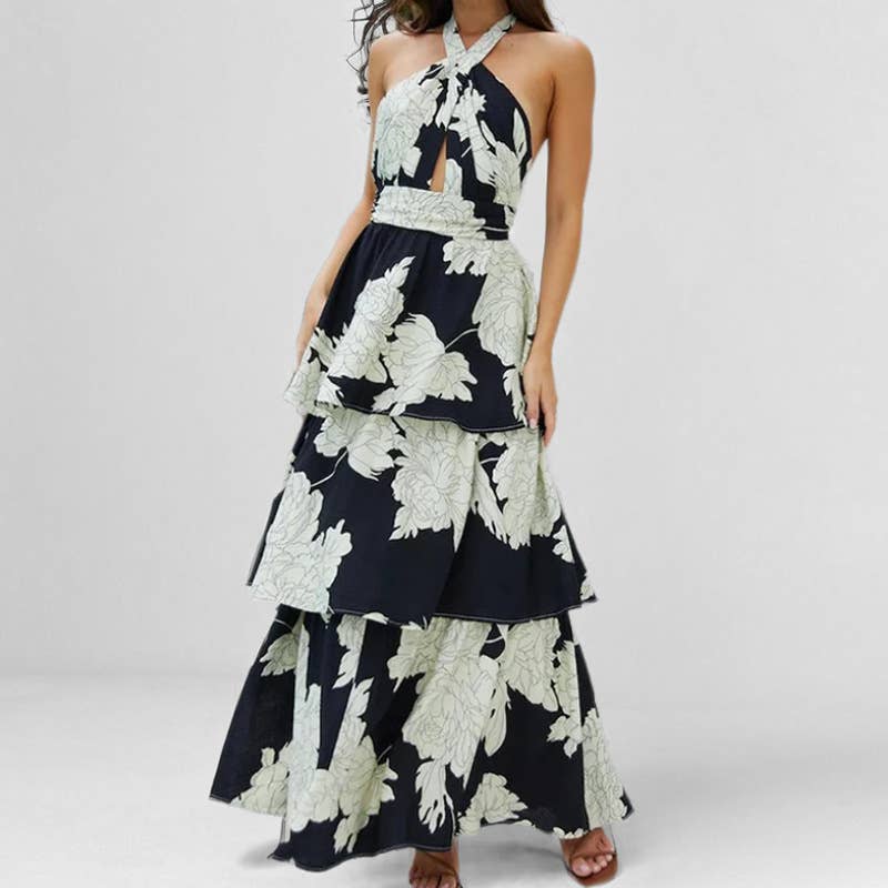 Sexy floral long cake dress with halter cutout