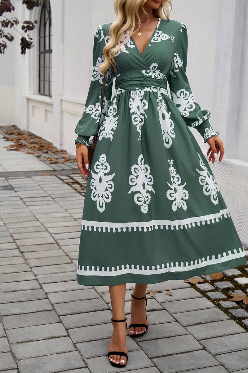 CWDMD4866_V-NECK ELEGANT CONTRAST COLOR LONG SLEEVE DRESS