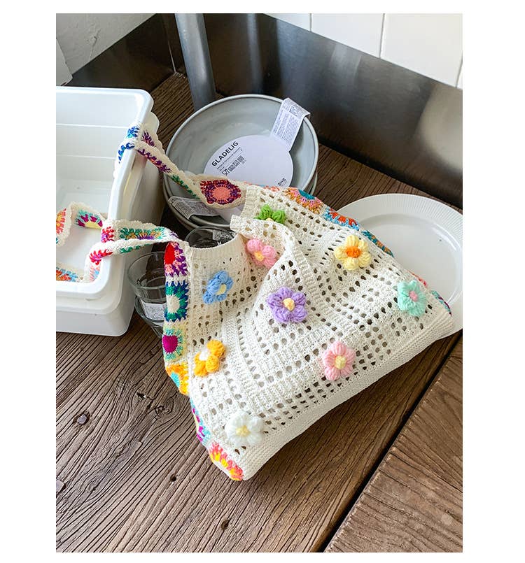 Ethnic-style artistic flower patchwork knit bag