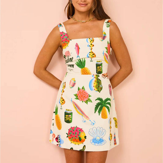 Printed tank top patchwork lace-up dress