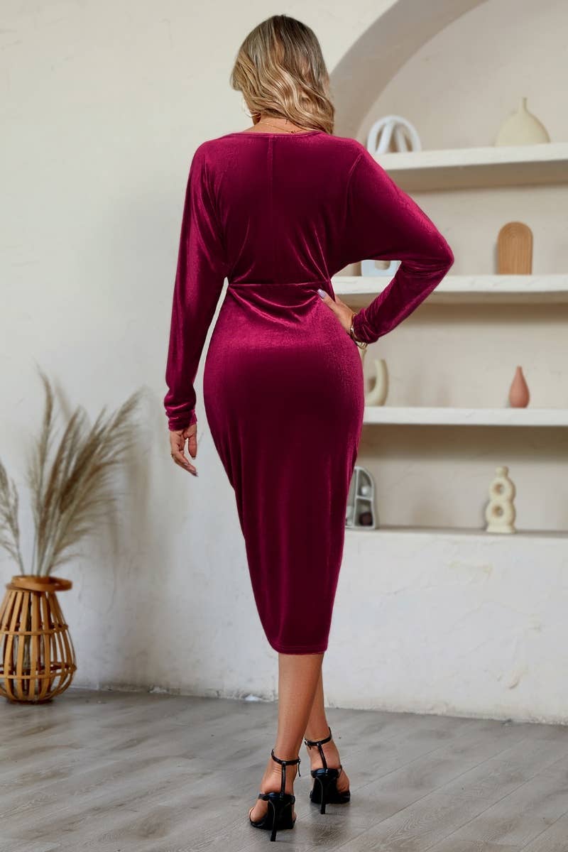 CWDSD6628_V-NECK LONG SLEEVE VELVET FANNY PACK HIP DRESS