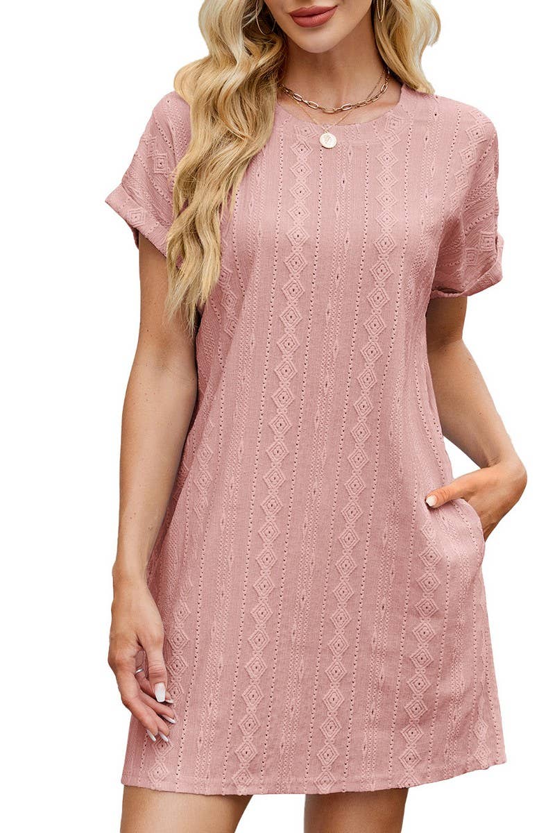 CWDSD7281_SOLID COLOR ROUND NECK SHORT SLEEVE POCKET DRESS