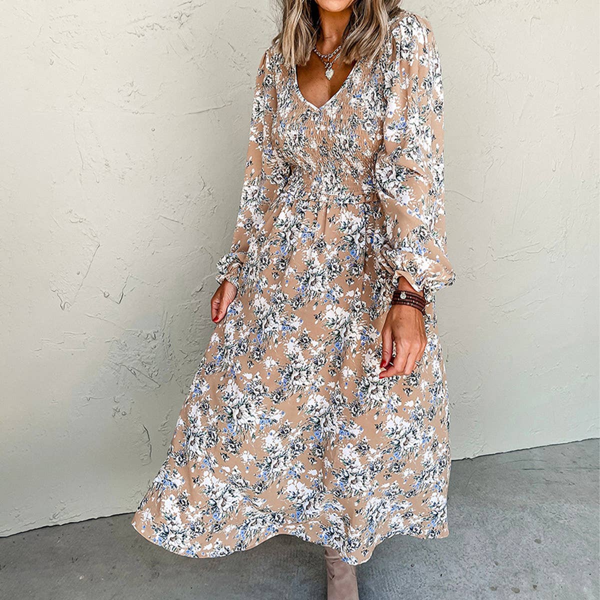 VINTAGE HIGH-WAISTED PLEATED FLORAL PRINT DRESS