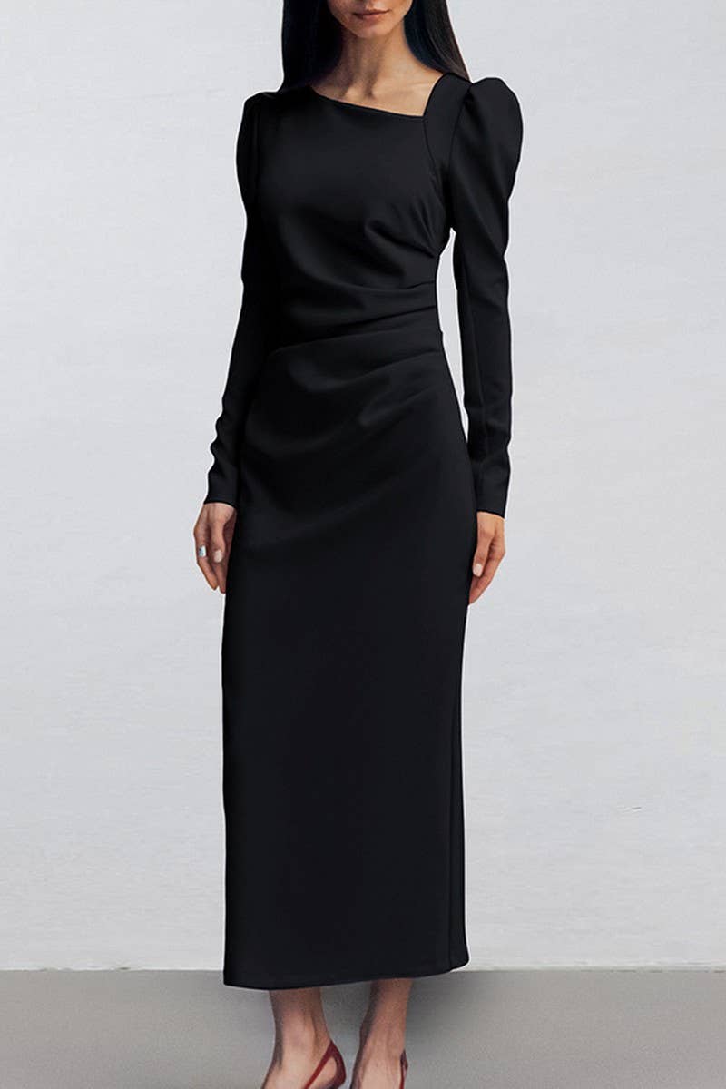 CWDMD6113_ASYMMETRIC NECK PUFF SLEEVE BODYCON SLIT DRESS