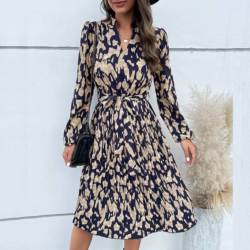 Ruched Floral V-Neck Long Sleeve Waist Dress