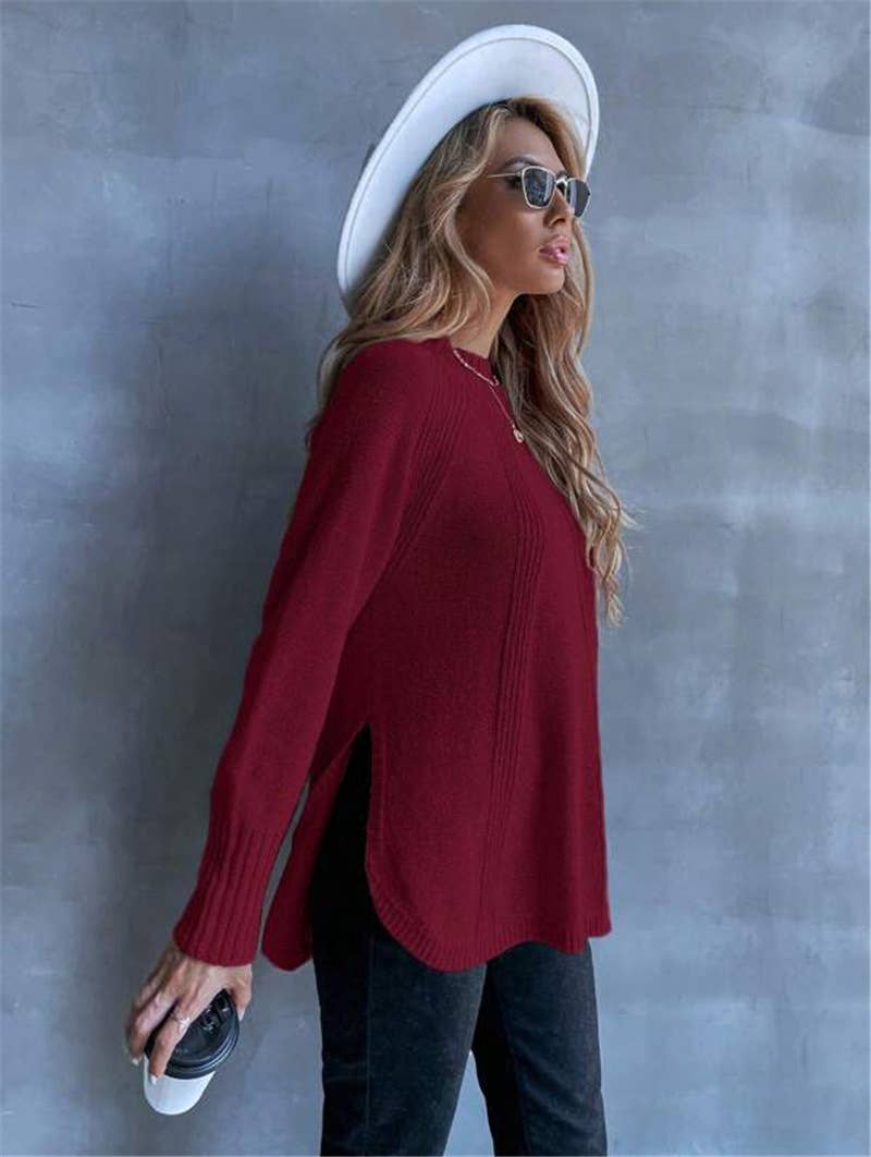 Versatile slit knitted long-sleeved sweater