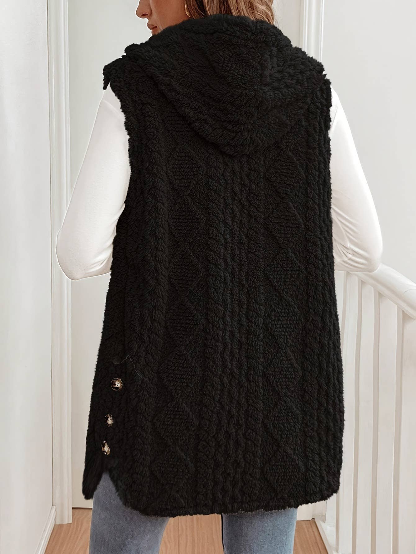 Double-sided ringed plush sleeveless hooded coat