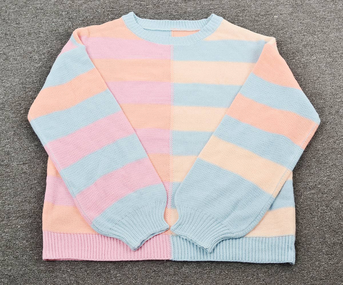 STRIPED CONTRA COLOR CREW NECK SWEATER PULLOVER