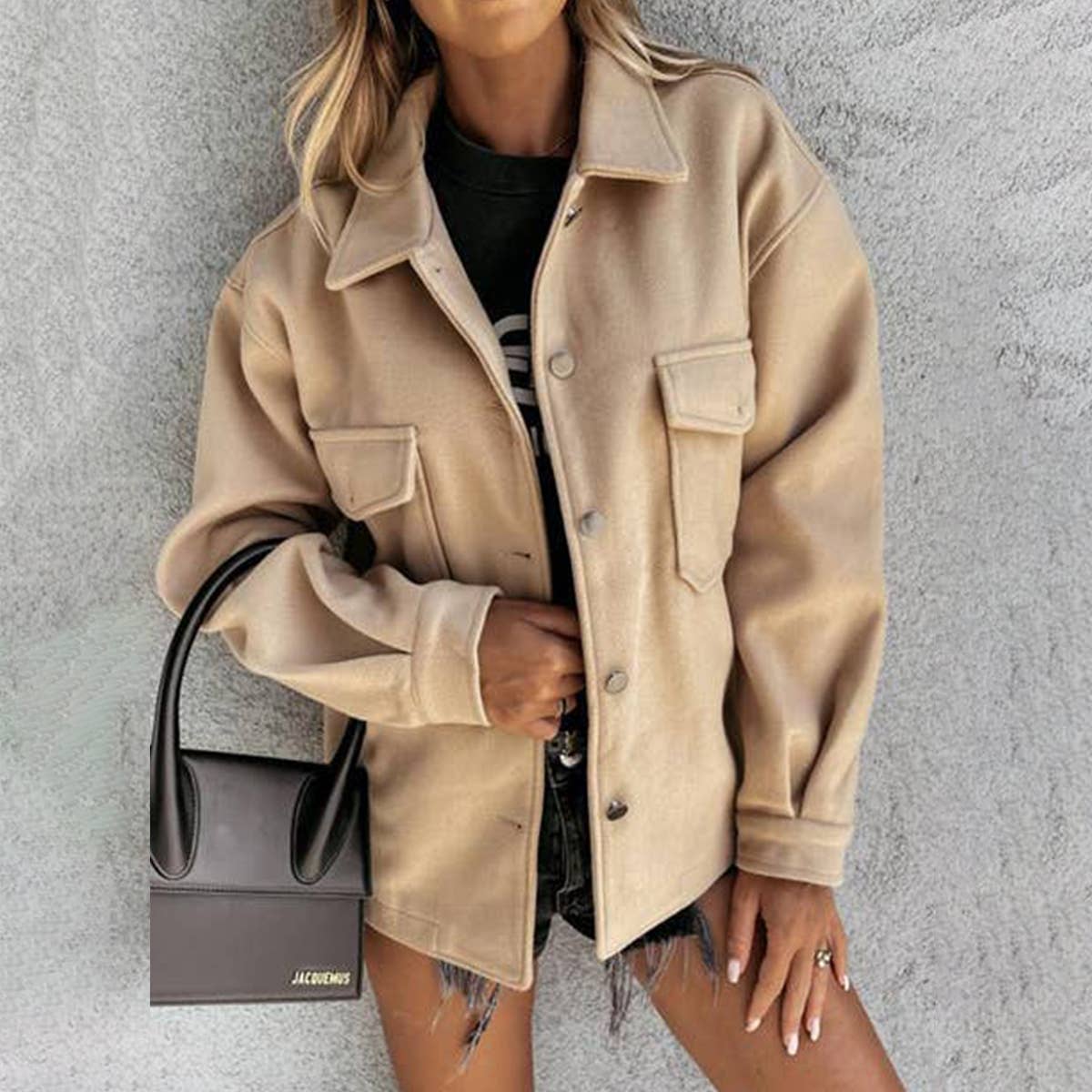 FASHIONABLE SOLID SINGLE-BREASTED WOOL COAT