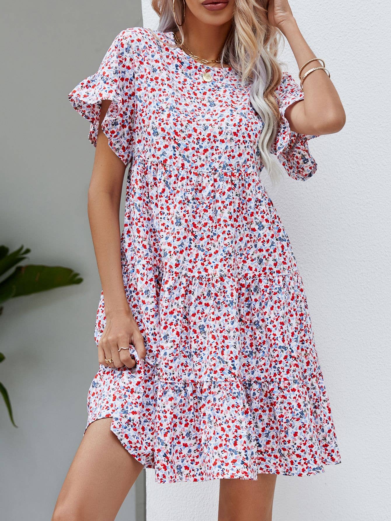 Leopard print floral crew-neck casual loose dress