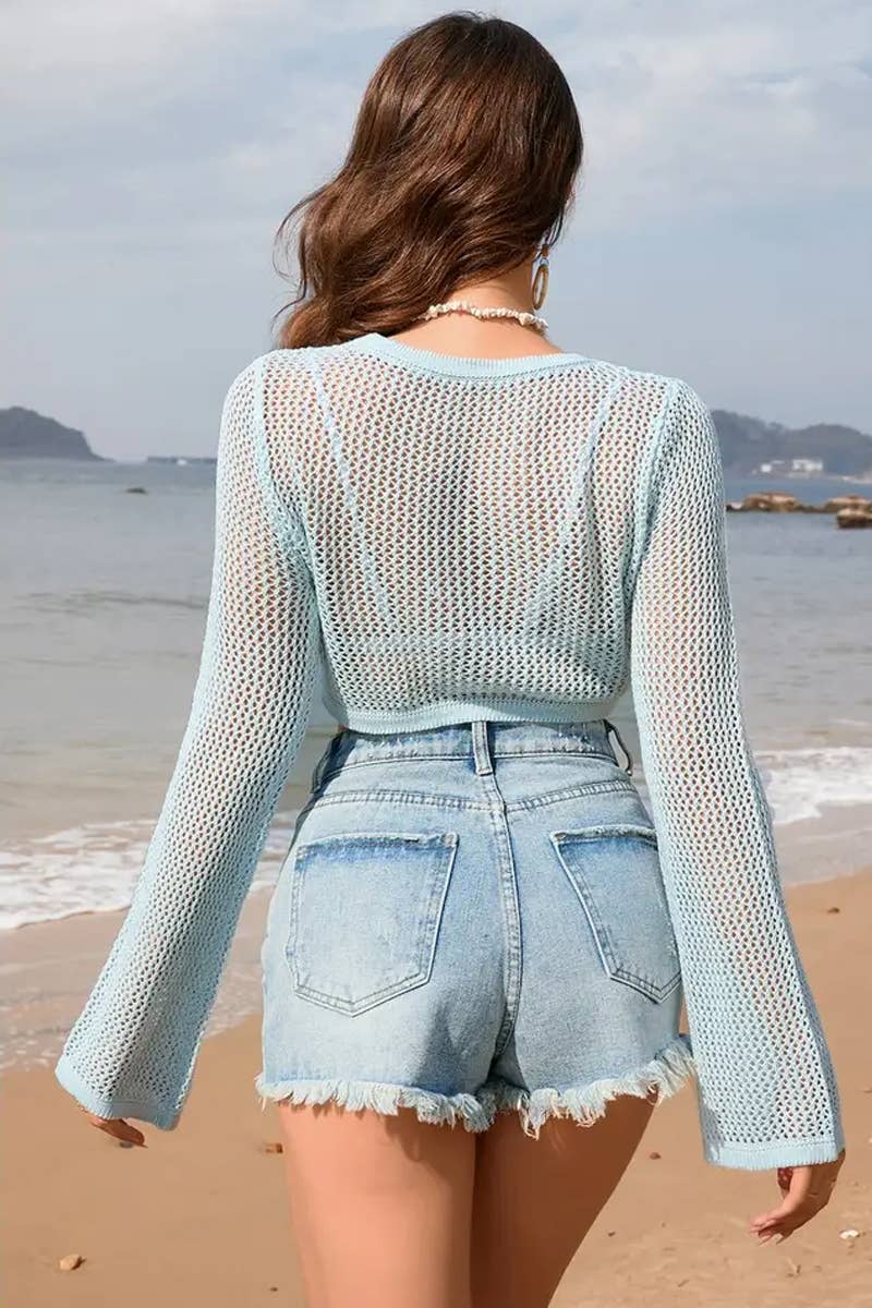 CWTTL1993_BEACH VACATION SOLID COLOR HOLLOW COVER UP