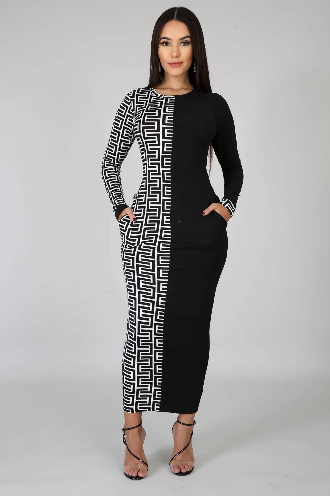 PATCHWORK PRINT FASHION SLIM-FIT LONG DRESS