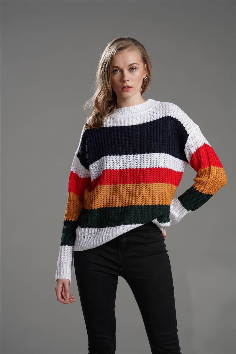 WOMEN'S LOOSE RAINBOW PATCHWORK PULLOVER SWEATER