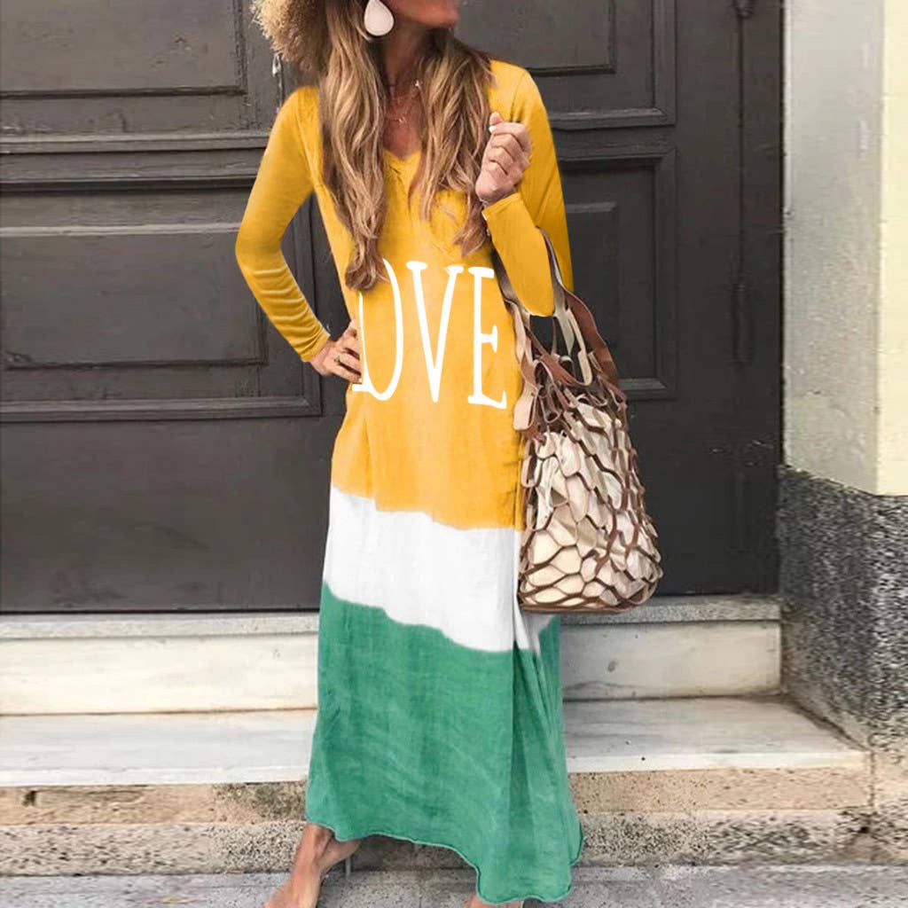 Fashion color-blocking printe long-sleeved dress